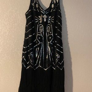 1920’S PARTY SILVER SEQUINS & BEADED DRESS Sz L/LX